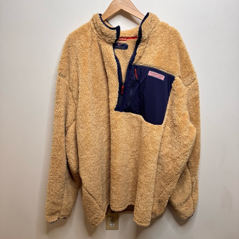 Vineyard Vines Camel Sherpa Pullover with Navy Pocket - Picture 3 of 6